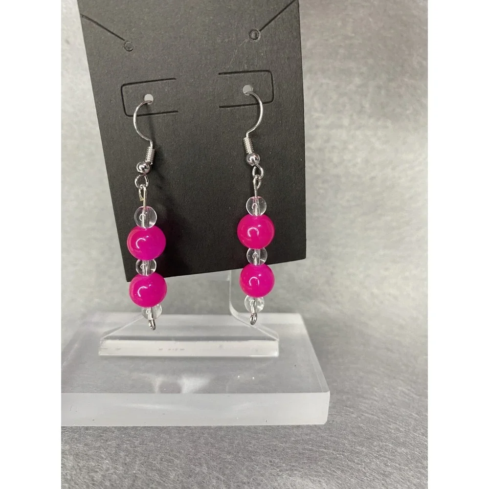 Handmade Pink And Clear‎ Beads Long Dangle Earrings